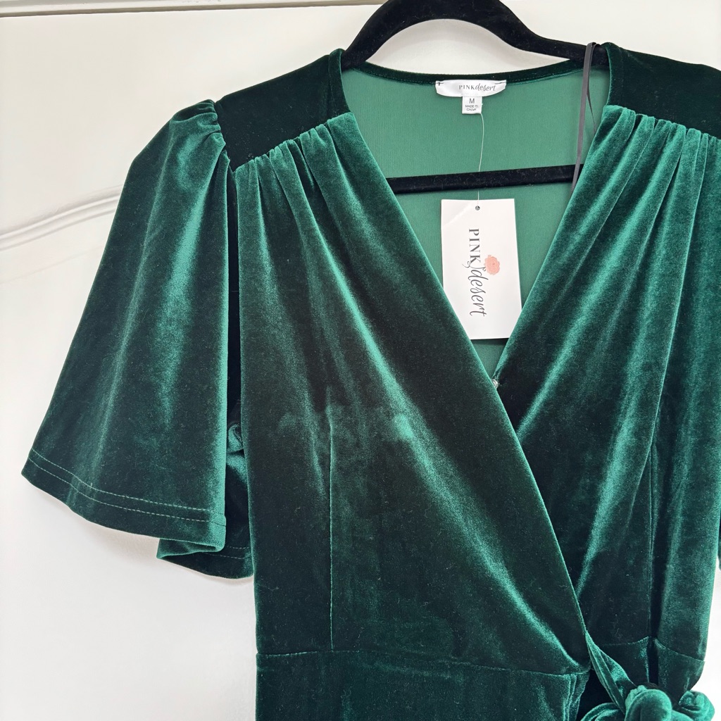 Nwt Pink Desert Regal Velvet Wrap Dress Emerald Green — image 3 of 8